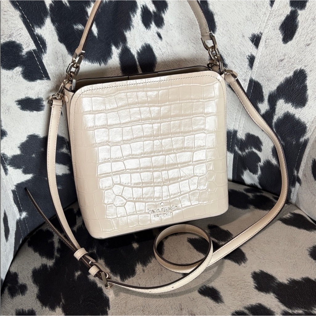 Kate Spade Cream Croc-Embossed Crossbody Leather Bucket Bag